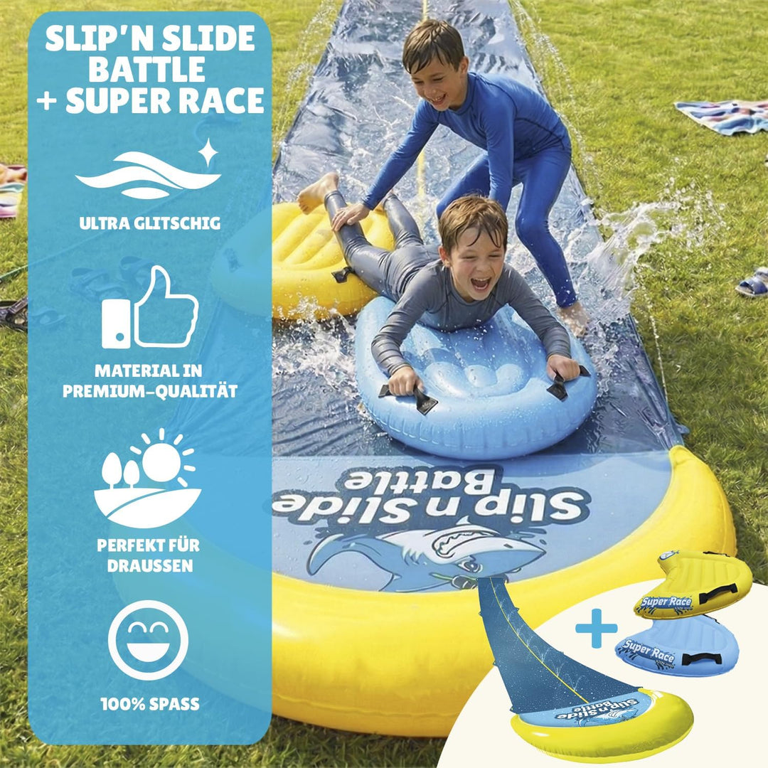 Wasserrutschmatte Riesen Packk XXL | 1 Rutschmatte Doppelbahn 10 Meter + 2 Bodyboards für besseres R