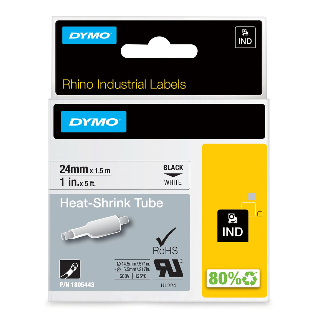 DYMO Rhino Industrie Schrumpfschlauch-Kabeletiketten | 24 mm x 1,5 m | schwarze Schrift auf weissem