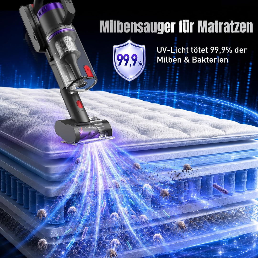 Akku Staubsauger, 600W/58000Pa/75Min, Laufzeit Staubsauger Kabellos mit Smart LED Display und Ladest