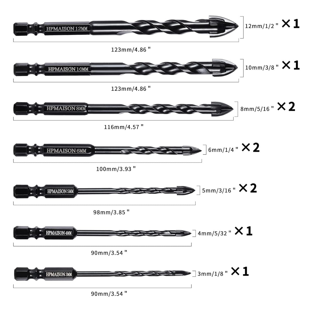 HPMAISON Steinbohrer Set, 10 tlg. Fliesenbohrer Glasbohrer mit 4 Schneiden Hartmetallspitze für Kera
