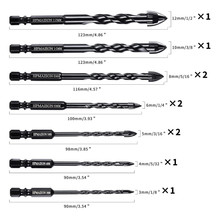 HPMAISON Steinbohrer Set, 10 tlg. Fliesenbohrer Glasbohrer mit 4 Schneiden Hartmetallspitze für Kera