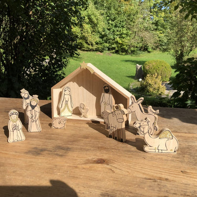 13-tlg. Set Weihnachtskrippe aus Holz mit Figuren - 25 x 19 x 6 cm (L/B/T) Krippe aus Holz - Tischkr