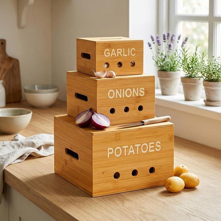 Relaxdays Aufbewahrungsboxen, 3 Grössen, Kartoffelaufbewahrungsbox, Zwiebelbox, Knoblauchbehälter, K