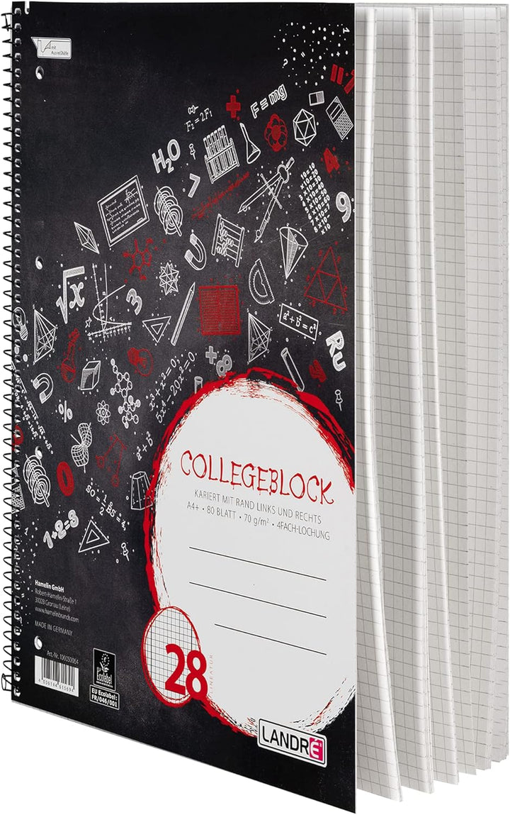 Landré Collegeblock A4 kariert und liniert mit Rand, 80 Blatt, 10 Stück Single, Single