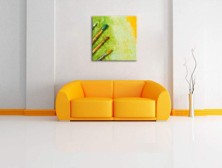 Pinsel mit gemalten Bild, Format: 70x70 auf Leinwand, XXL riesige Bilder fertig gerahmt mit Keilrahm