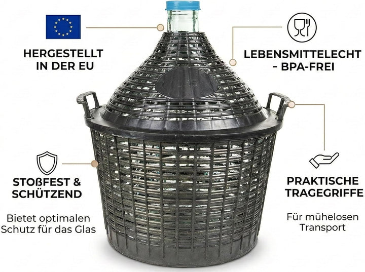 lilawelt24 Weinballon mit Korb Glasballon Gäreimer Gärballon Gärbehälter (Weinballon 20L), Weinballo
