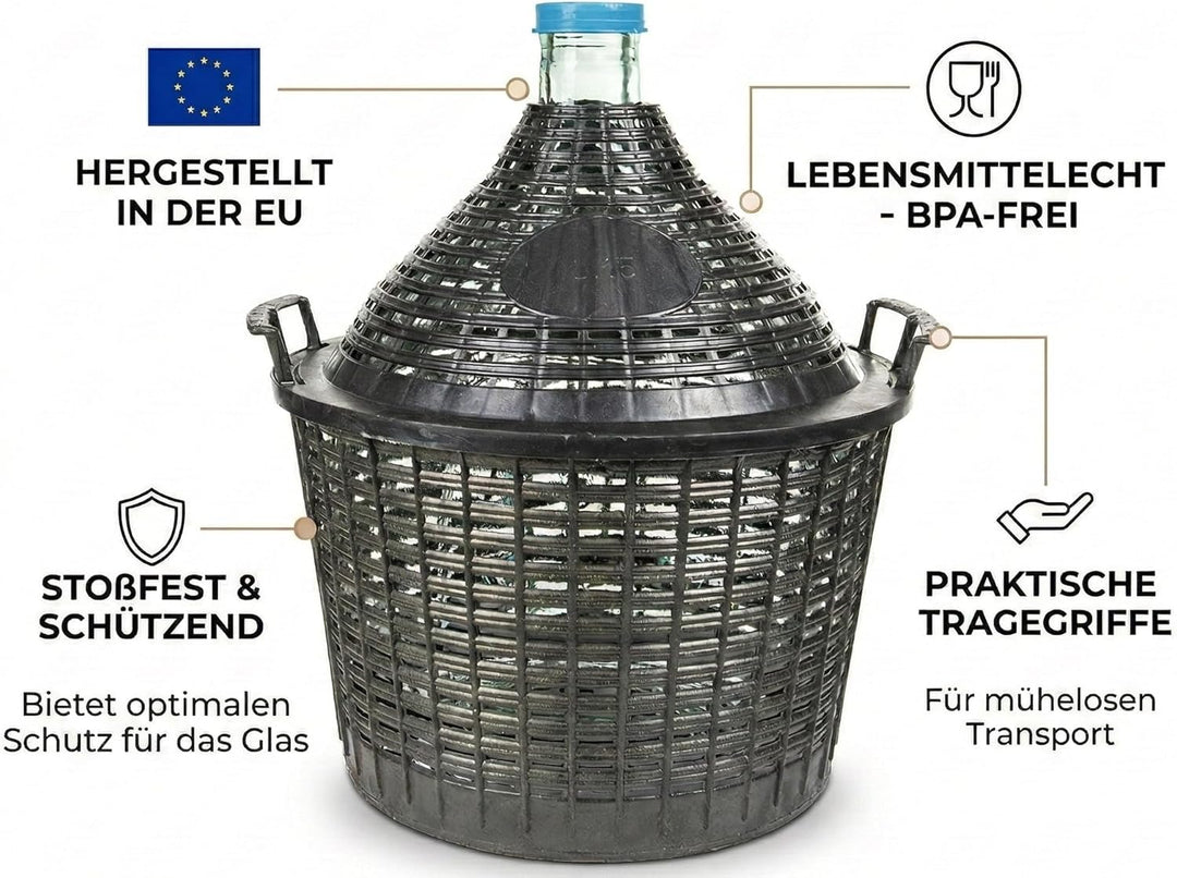 20L Glasballon Set mit Schutzkorb Gärröhrchen und Gummistopfen - 100% Hergestellt in der EU - Hochwe