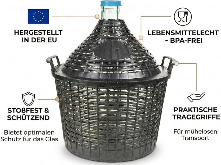 lilawelt24 Weinballon mit Korb Glasballon Gäreimer Gärballon Gärbehälter (Weinballon 15L), Weinballo