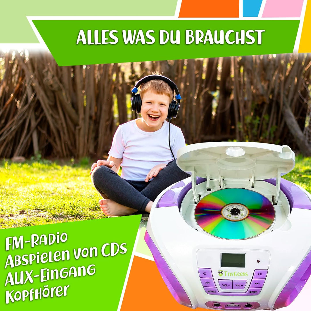 TinyGeeks Tunes Kids Boombox CD-Player für Kinder NEU + UKW-Radio + Inklusive Batterien + Lila Radio