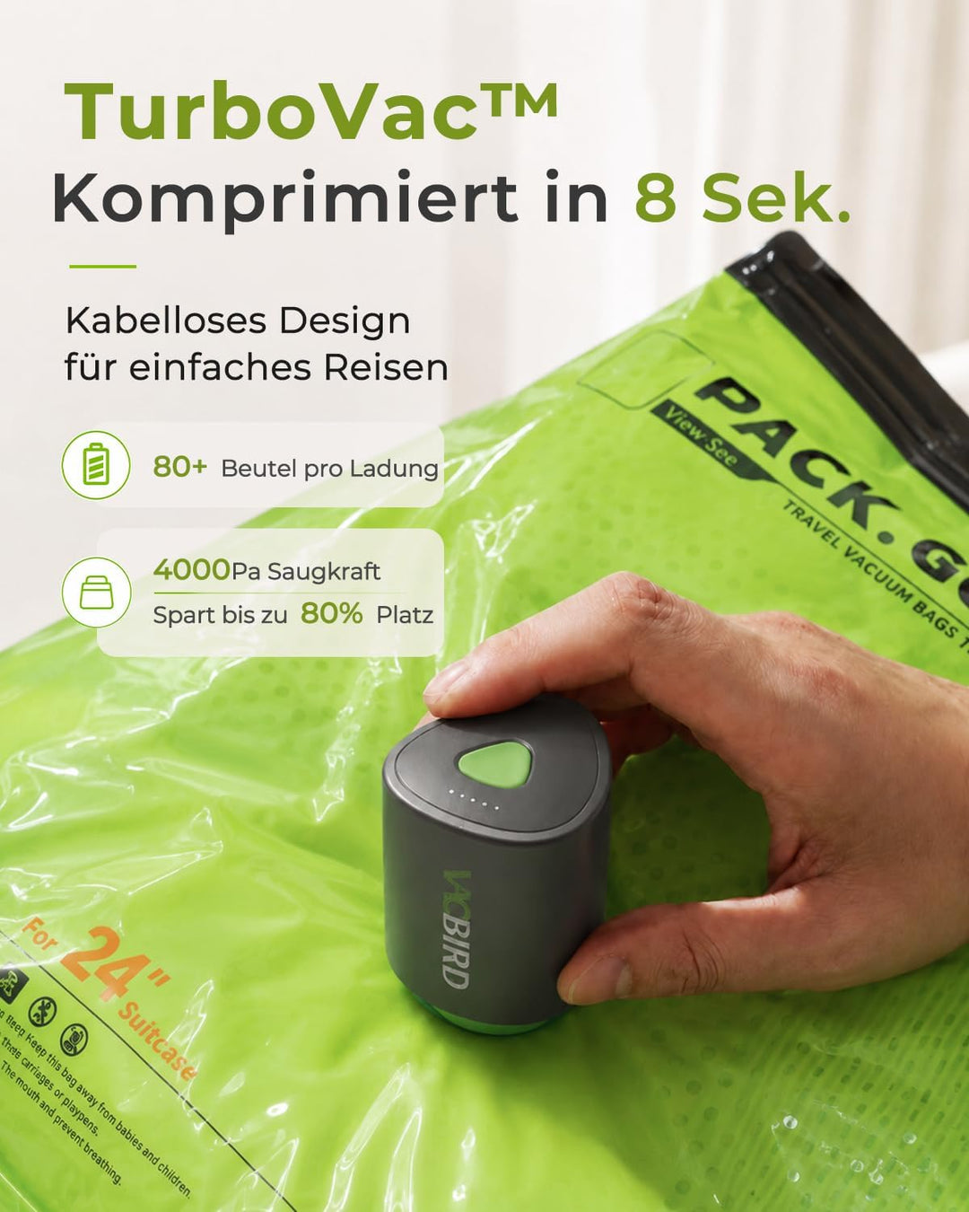 Vacbird 15 Stück Vakuumbeutel für Kleidung mit kabelloser Vakuumpumpe, 6 x 40x54cm, 6 x 47x64cm, 3 x