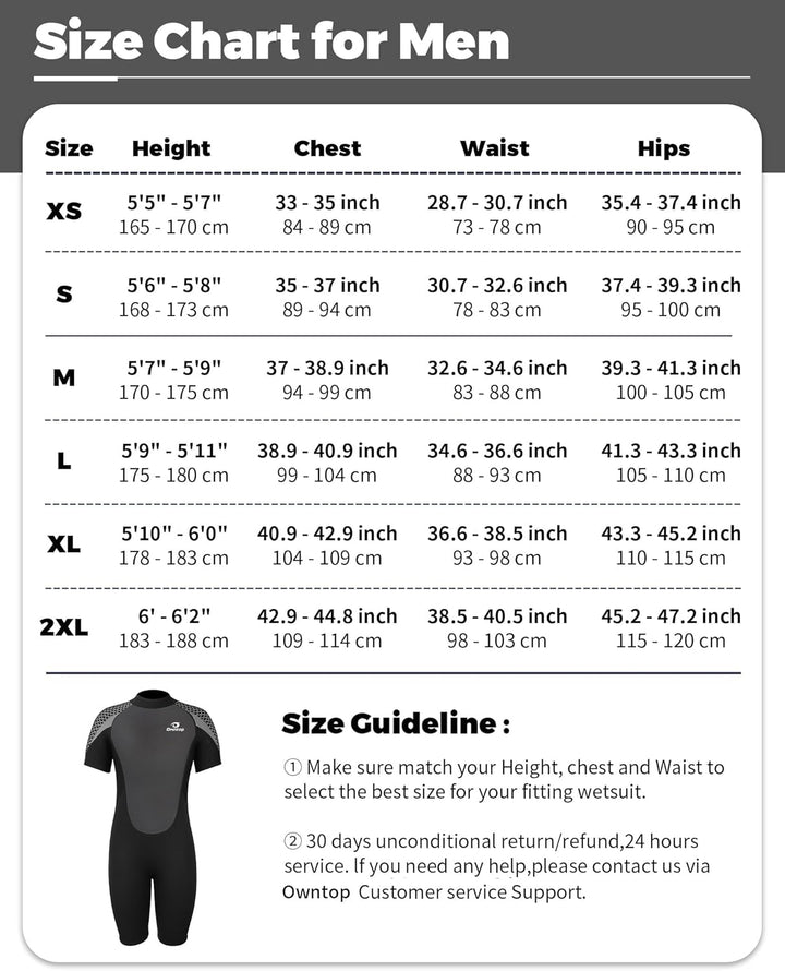 Owntop Neoprenanzug kurz Herren &amp; Damen, 3/2 mm Neopren Wetsuit für Tauchen, Surfen, Schwimmen und K