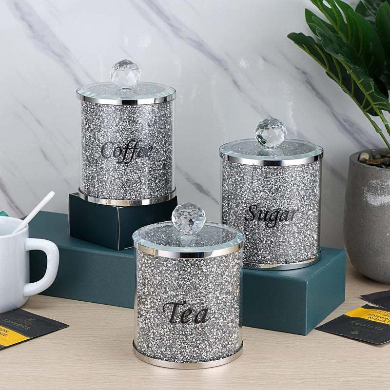 BTSKY Set von 3 Crushed Diamonds Dosen mit Deckel für Zucker Kaffee Tee - Glasbehälter für Küche Gla