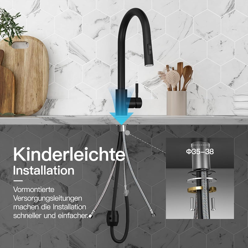 Rainsworth Schwarz Wasserhahn Küche mit Brause Ausziehbar - Hochdruck Küchenarmatur mit Zwei Wassers