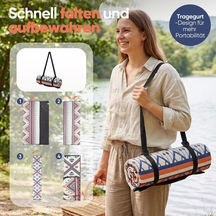 Sekey Boho Picknickdecke Wasserdicht 200x200 cm, Stranddecke Sandfrei | Gepolstert, Dreischichtige S