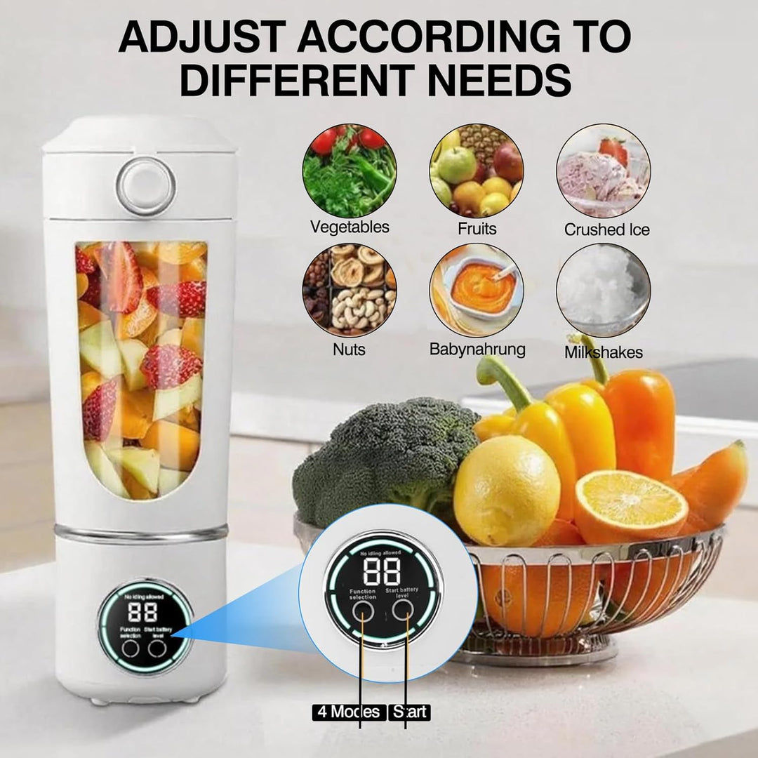 Kompakter USB-Reiseblender mit 700ml Fassung, 12 Edelstahlklingen und Digitalanzeige. Perfekt für Sm