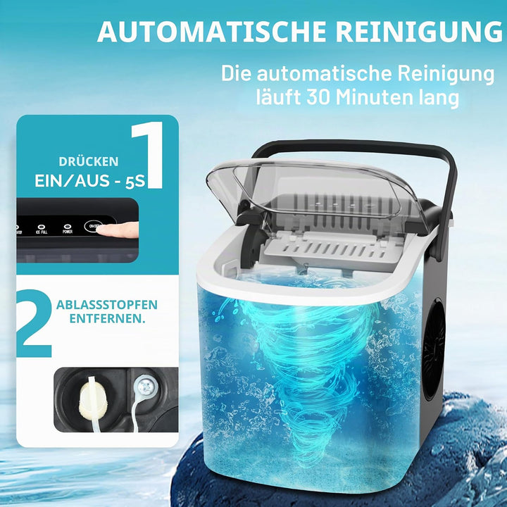 EUHOMY Eiswürfelmaschine 12 kg/24 h, 9 Würfel in 6 Minuten, selbstreinigende Eismaschine, mit Griff,