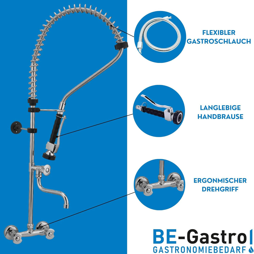BE-GASTRO I Profi Gastro Geschirrbrause Zweiloch "Premium" Wandarmatur inkl. Wasserhahn, Mischbatter
