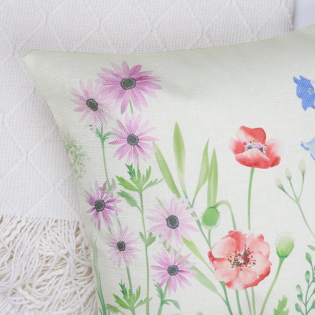 Bonhause 4er Set Kissenbezüge Blumen Garten 45 x 45 cm Frühling Blume Vögel Polyester Leinen Dekorat