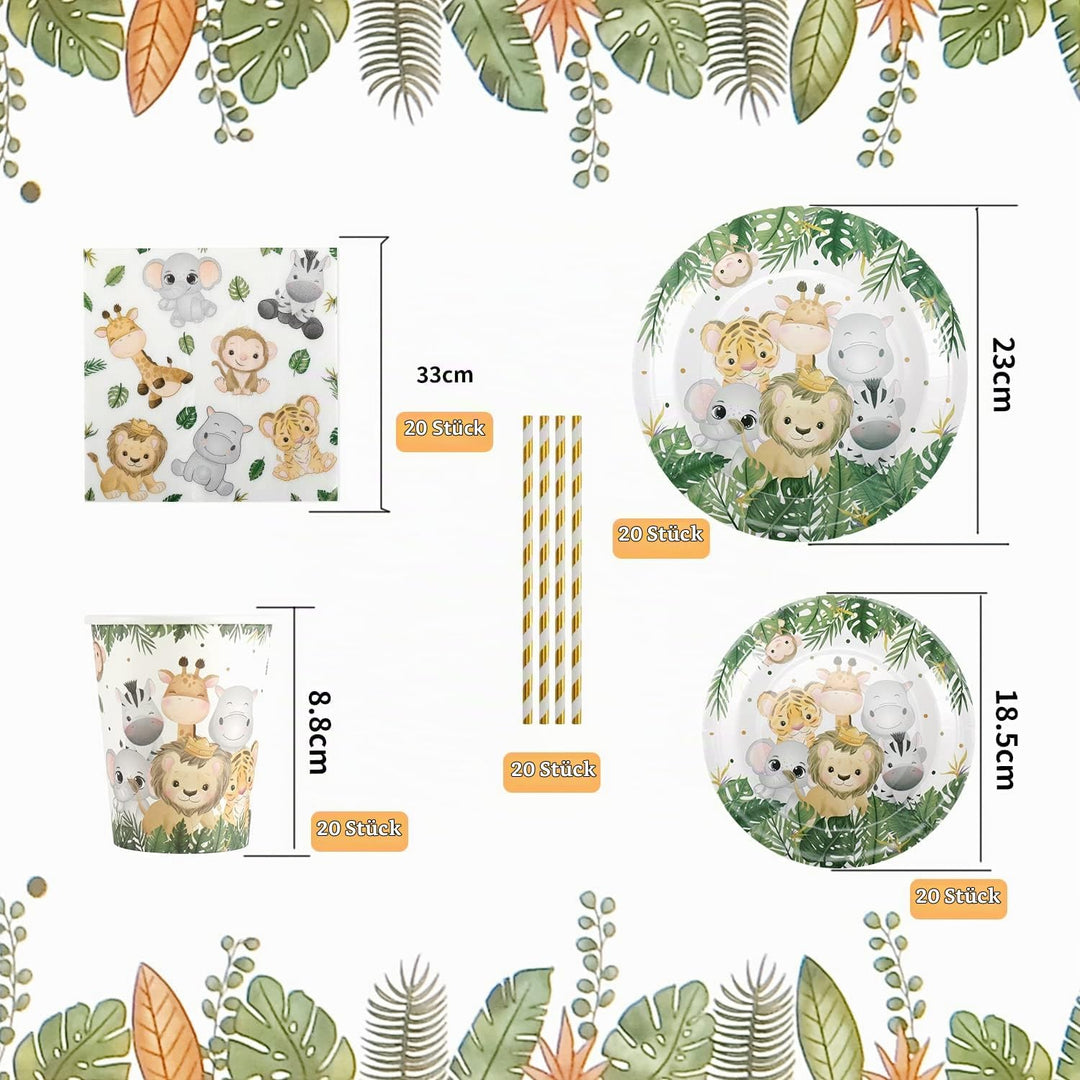Dschungel Safari Partygeschirr Set,Junge Einweggeschirr Set 100 Stück Papier Teller Tassen Serviette