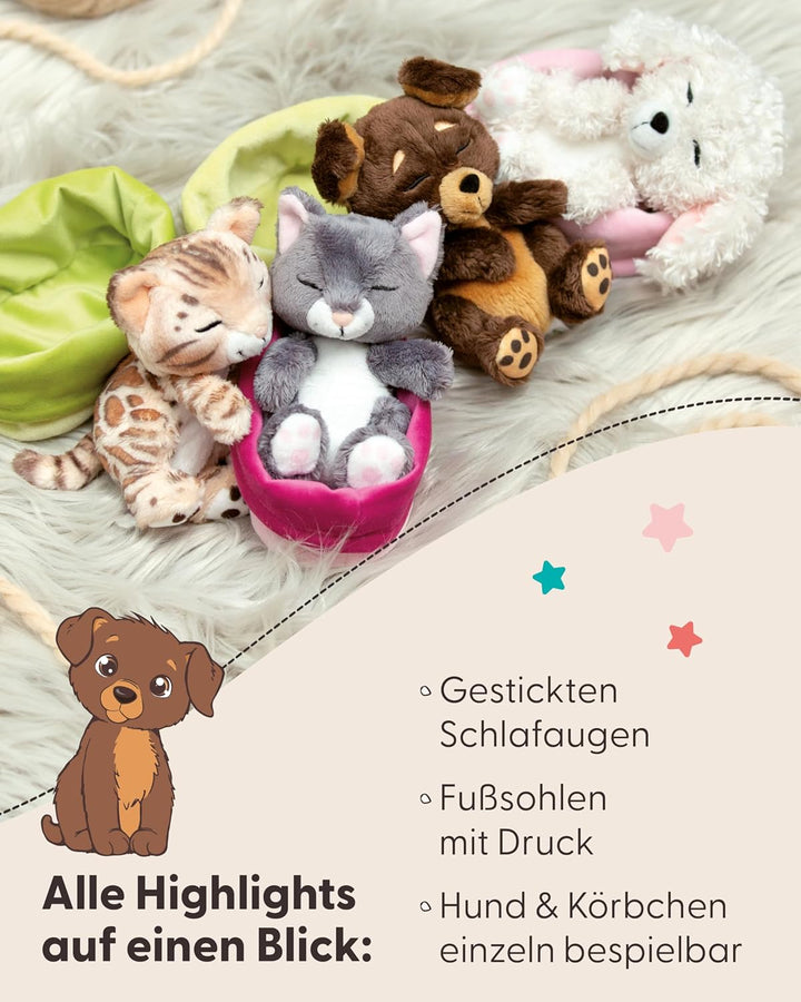 Kuscheltier Hund braun 12cm schlafend im Körbchen Hund Braun 0, Hund Braun 0