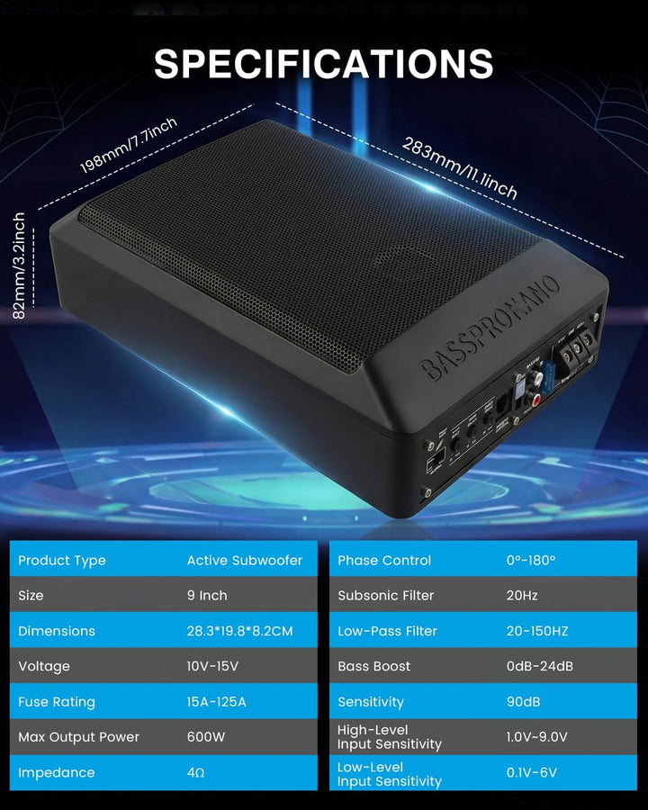 Ultraflacher Auto-Subwoofer, geeignet für Limousinen/LKW, mit integriertem Verstärker, unter den Sit