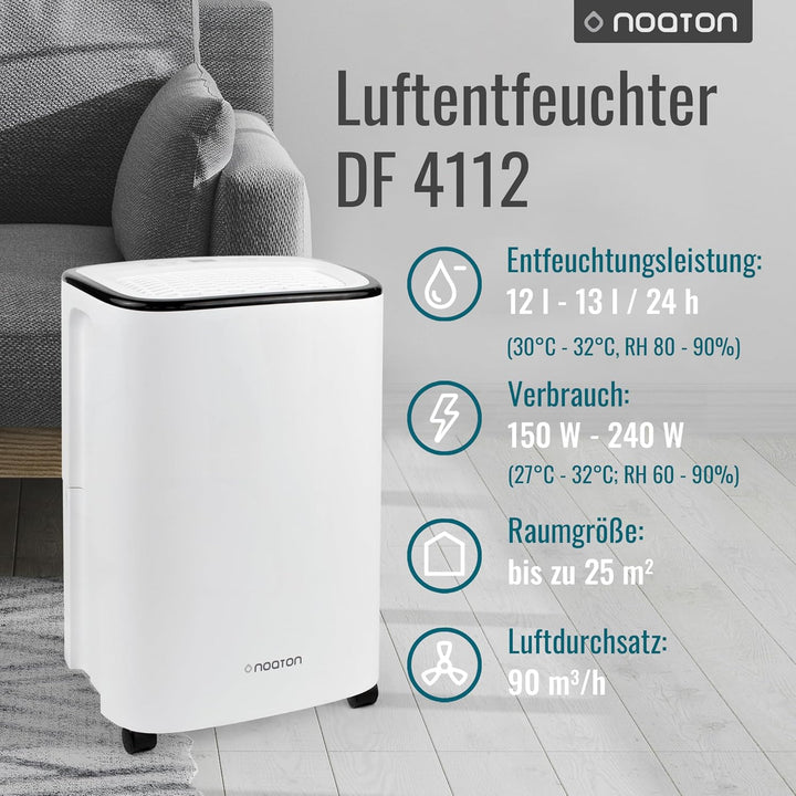 Luftentfeuchter Noaton DF 4112, max 13L/24h, Raumgrösse ca. 65 m³ (~25 m²), 190 W, 2.5l Wassertank,