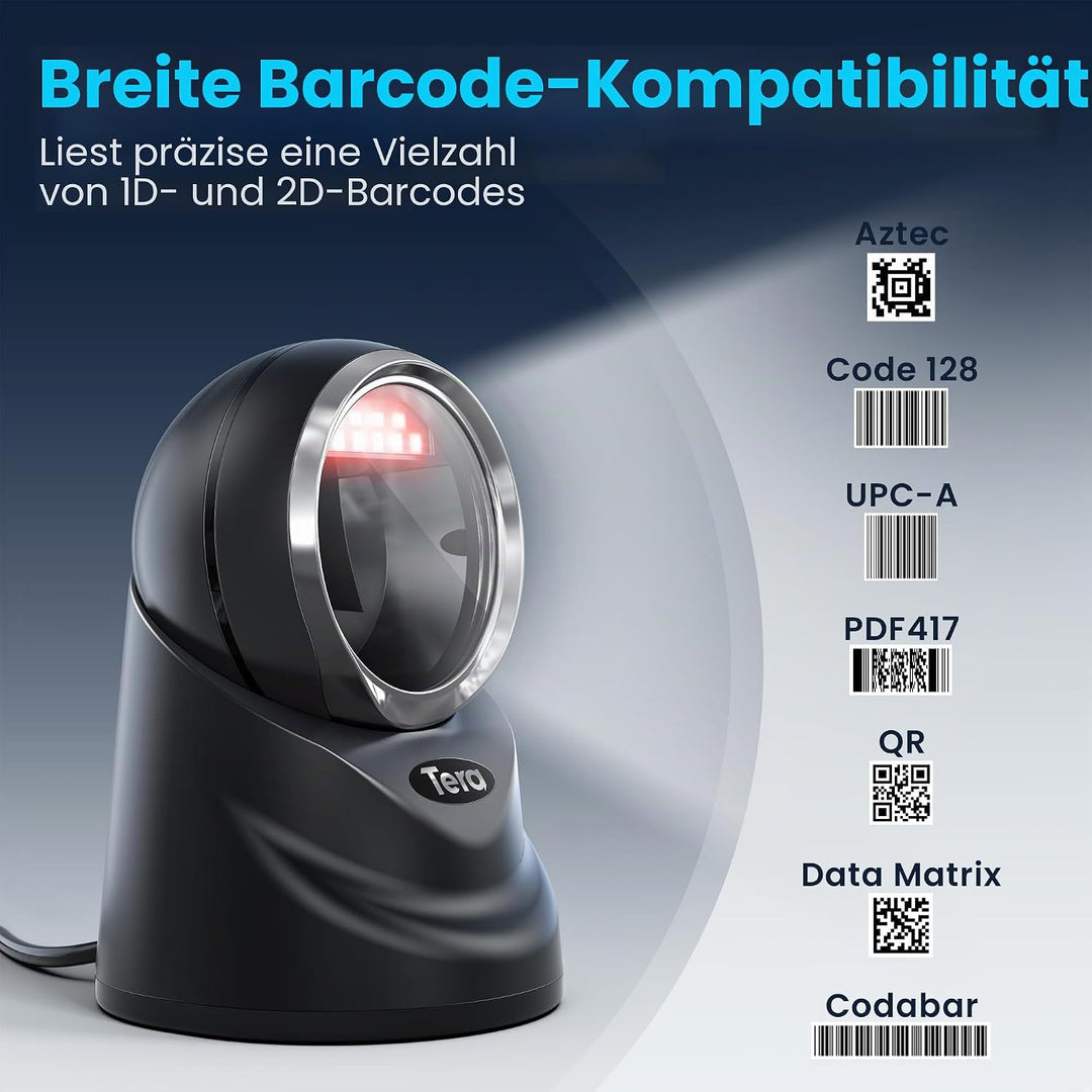 Tera Pro 2D QR Desktop Barcode Scanner Omnidirektional Einstellbarer Scankopf, USB Wired Handsfree P