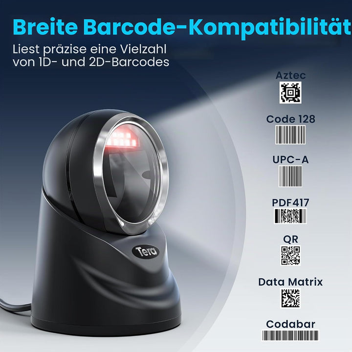 Tera Pro 2D QR Desktop Barcode Scanner Omnidirektional Einstellbarer Scankopf, USB Wired Handsfree P