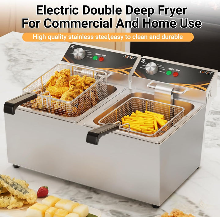 16L Doppelfriteuse Gastro, 2x3000W Edelstahl Elektrische Friteuse Temperaturbereich 60°C-200°C für G