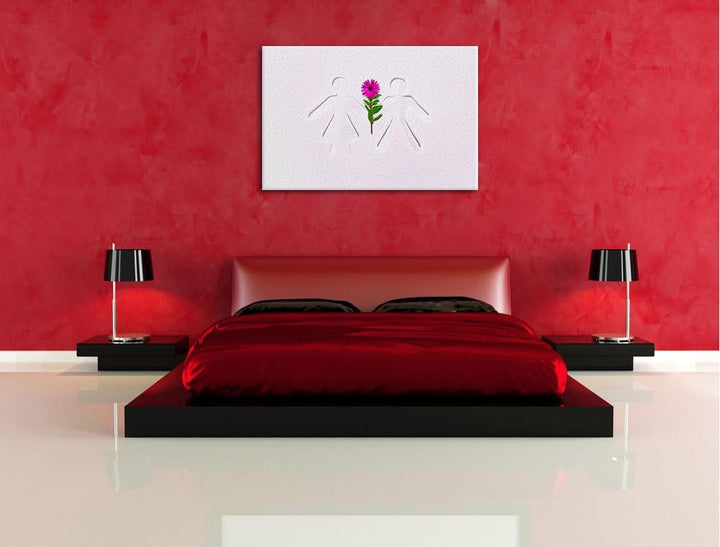 Strichmännchen mit Blume schwarz/weiss Format: 100x70 auf Leinwand, XXL riesige Bilder fertig gerahm