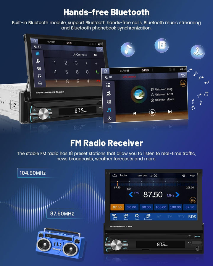 Wireless Carplay Android Auto Autoradio 1Din mit Ausfahren Bildschirm 7 Zoll Touchscreen Auto Radio