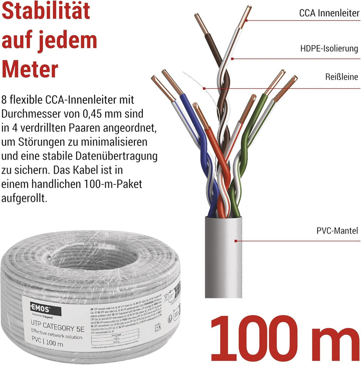 EMOS - UTP Netzwerkkabel CAT 5e, 100m, PVC - CAT5e-Patchkabel UTP - CCA-Draht - Gigabit LAN Kabel -