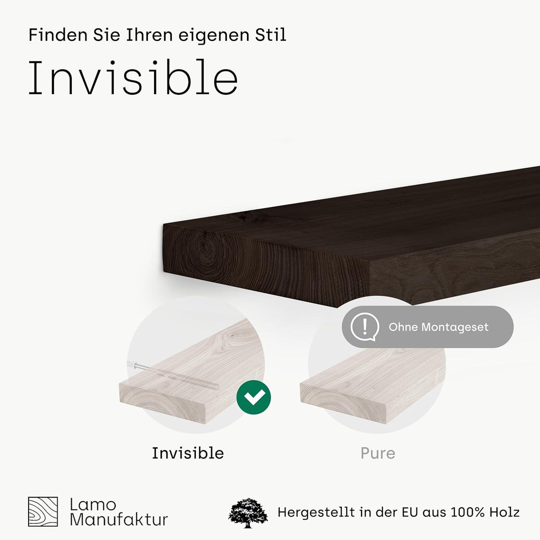 LAMO Manufaktur Wandregal Holz Gerade | Regal Farbe: Schwarz | Invisible: Schweberegal | 80 cm Invis