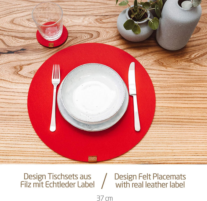 MIQIO® Design Runde Tischsets aus Filz abwaschbar | Mit Marken Echtleder Label und Glasuntersetzer |