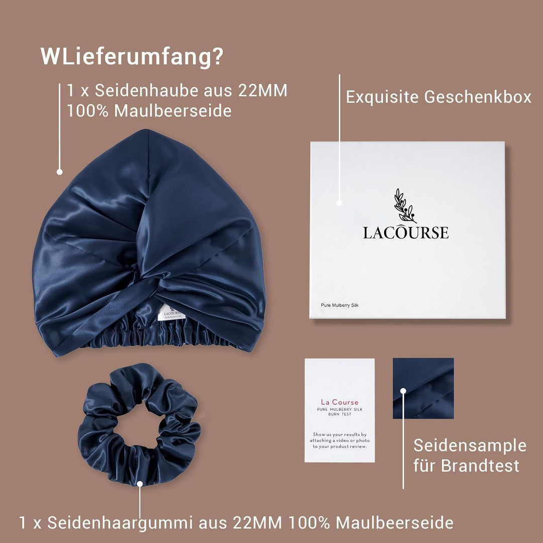 ‌LaCourse Rutschfeste Verstellbare Echte 22 Momme 100% Maulbeerseiden-Seidenhaube zum Schlafen, Dopp
