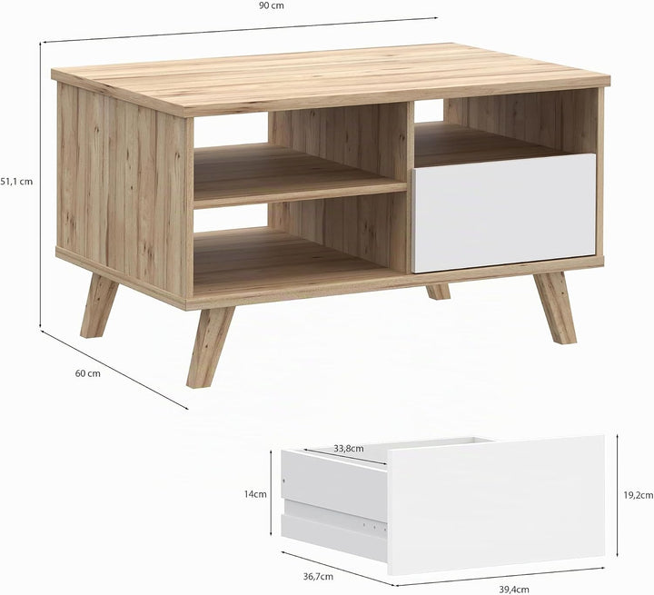 Forte VANKKA Couchtisch 90, Tisch mit offenen Fächern und Schublade, Holzwerkstoff, Planked Eiche De