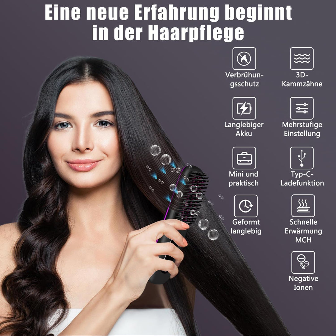 Kabellose Haarglätterbürste, Glättbürste Stylingbürste mit Keramik Borsten für Frauen, Wiederaufladb