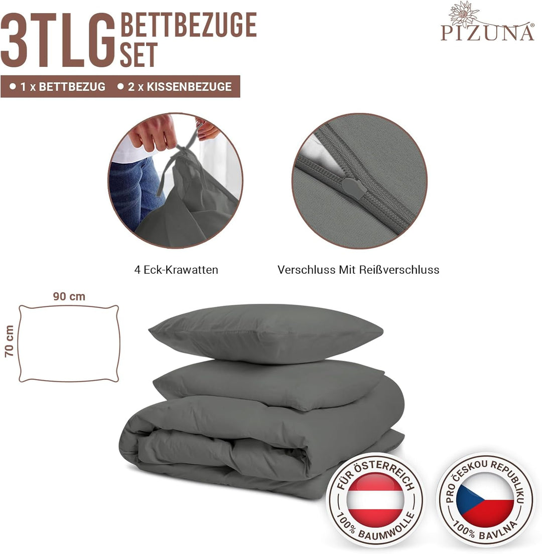 Pizuna 400 Fadenzahl aus Baumwolle Bettwäsche Dunkel Grau, 100% Langstaple Baumwolle Bettbezug und K