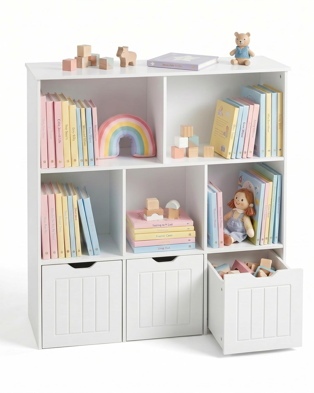 Kinderregal mit Boxen, Kinderzimmer Möbel, Spielzeugregal mit 3 Schubladen, Aufbewahrungsregal auf R