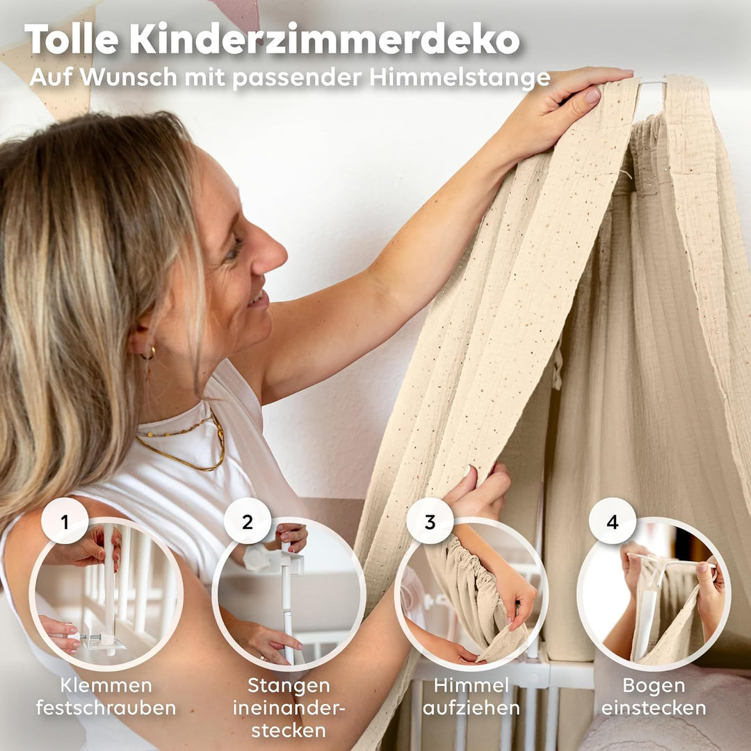 Betthimmel Babybett mit Goldapplikationen [in 12 Farben] Himmel Babybett aus 100% Baumwolle Musselin