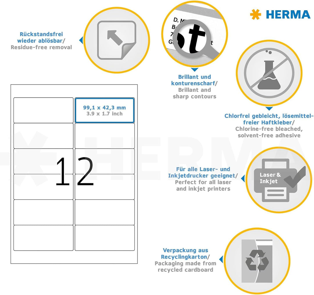 HERMA 10311 Universal Etiketten ablösbar, 100 Blatt, 99,1 x 42,3 mm, 12 Stück pro A4 Bogen, 1200 Auf