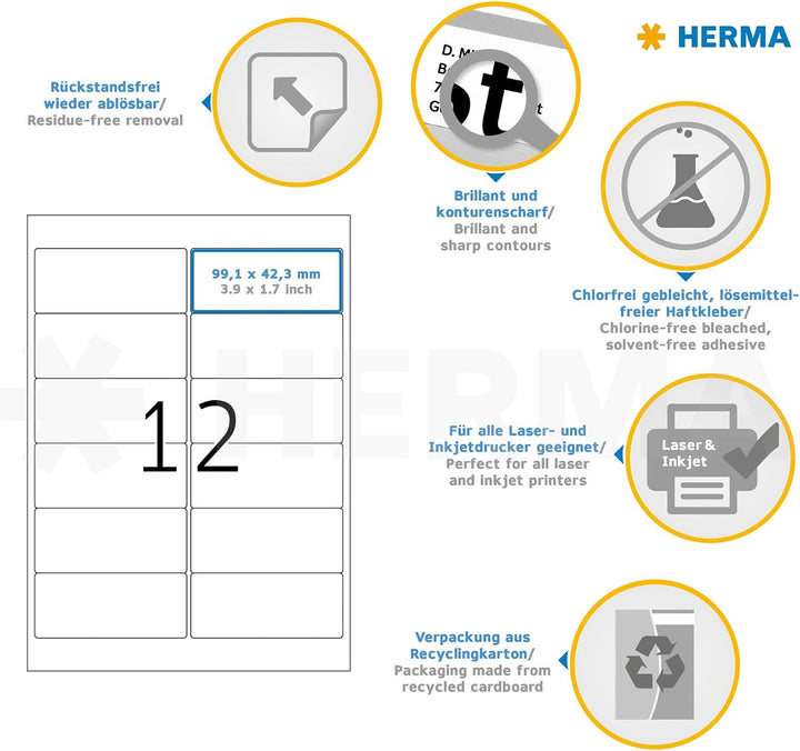 HERMA 10311 Universal Etiketten ablösbar, 100 Blatt, 99,1 x 42,3 mm, 12 Stück pro A4 Bogen, 1200 Auf