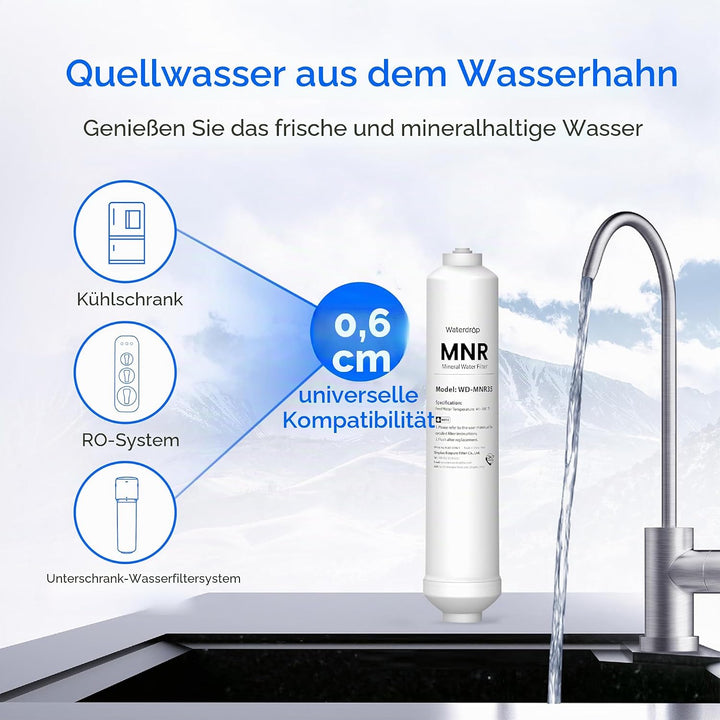 Waterdrop Remineralisation Inline-Wasserfilter, 1/4" Quick Connect Post Filter für Umkehrosmose-Filt