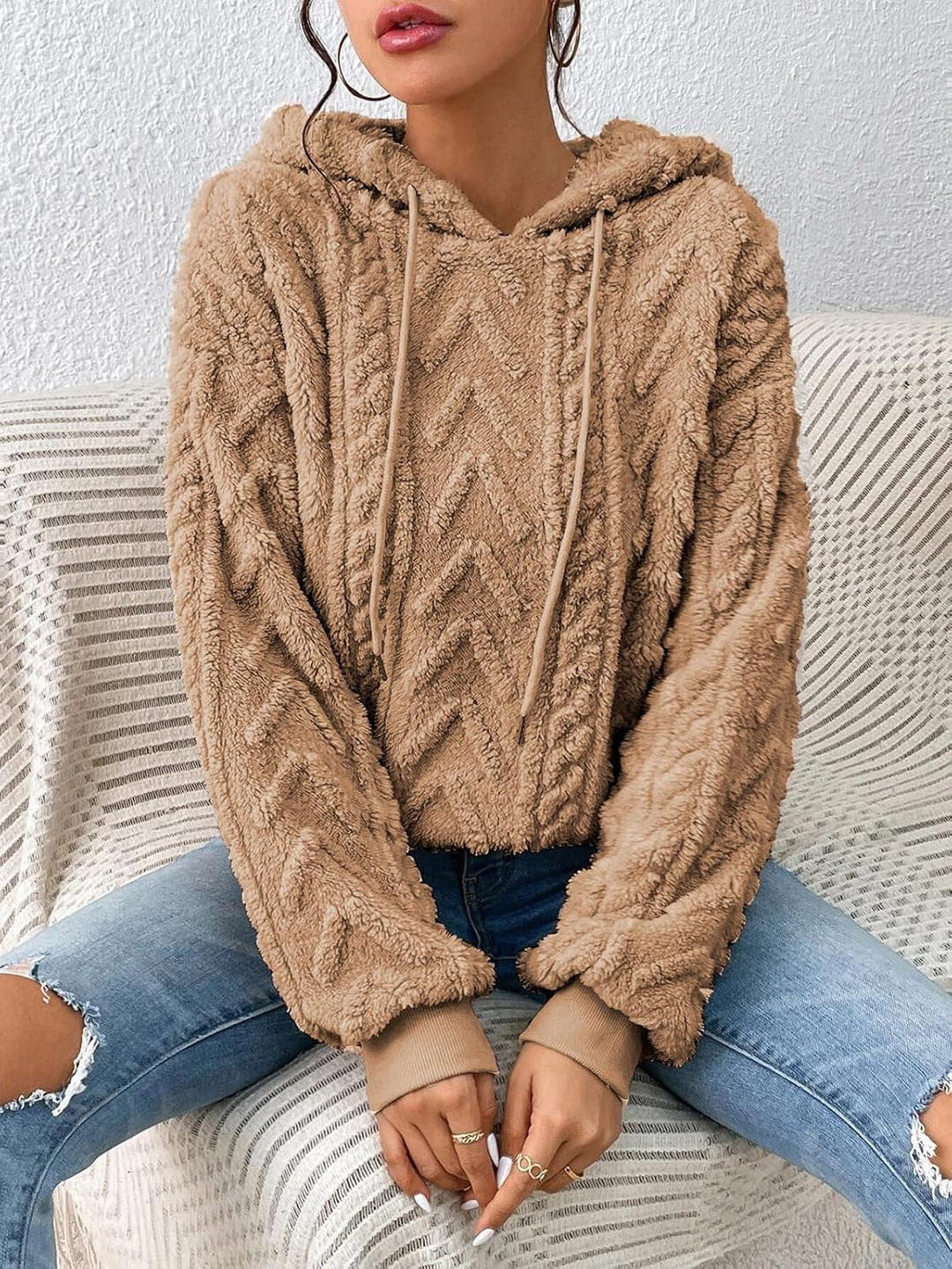 Zetieny Hoodie Damen Kapuzenpullover Teddy Fleece Double Fuzzy Fluffy Jacquard Pullover Lässiges War