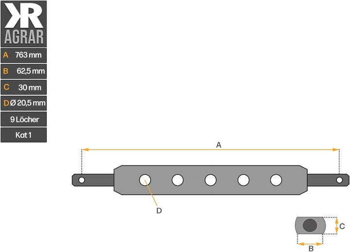 Ackerschiene | Kat 1 | 763 mm lang | 9 Löcher | leichte Ausführung | Anhängeschiene | Trecker | Trak