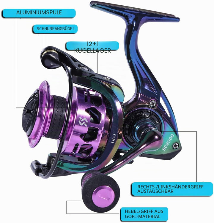 Sougayilang Spinning Angelrolle 6.0:1 Gear Ratio Graphit Rahmen 12 + 1 BB Bunte Angelrolle mit 25 lb