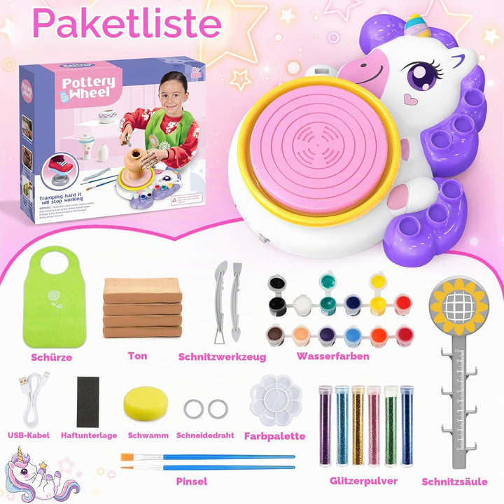 Töpferscheibe für Kinder, Einhorn Spielzeug für Mädchen 6-12 Jahre, Komplettes Töpfer-Malset mit 4 l