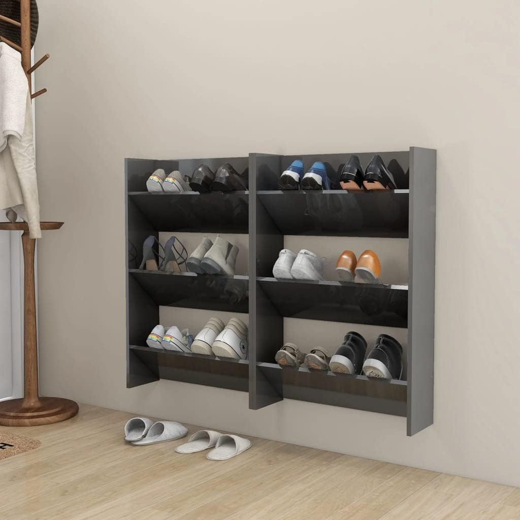 homiuse 2 Stück Wand Schuhschrank 60x18x90 cm mit 3 Kippböden Schuhregal Hochglanz Grau Wandbefestig