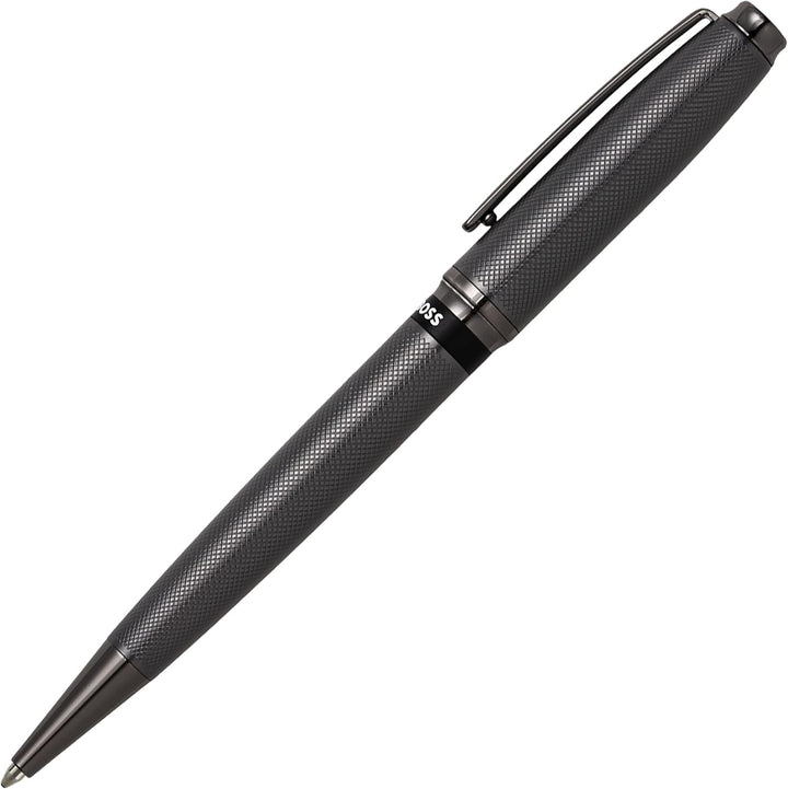 Hugo Boss Stream Kugelschreiber aus Messing in der Farbe Gun, Länge: 14,5cm, Minenfarbe: Blau, HSW37