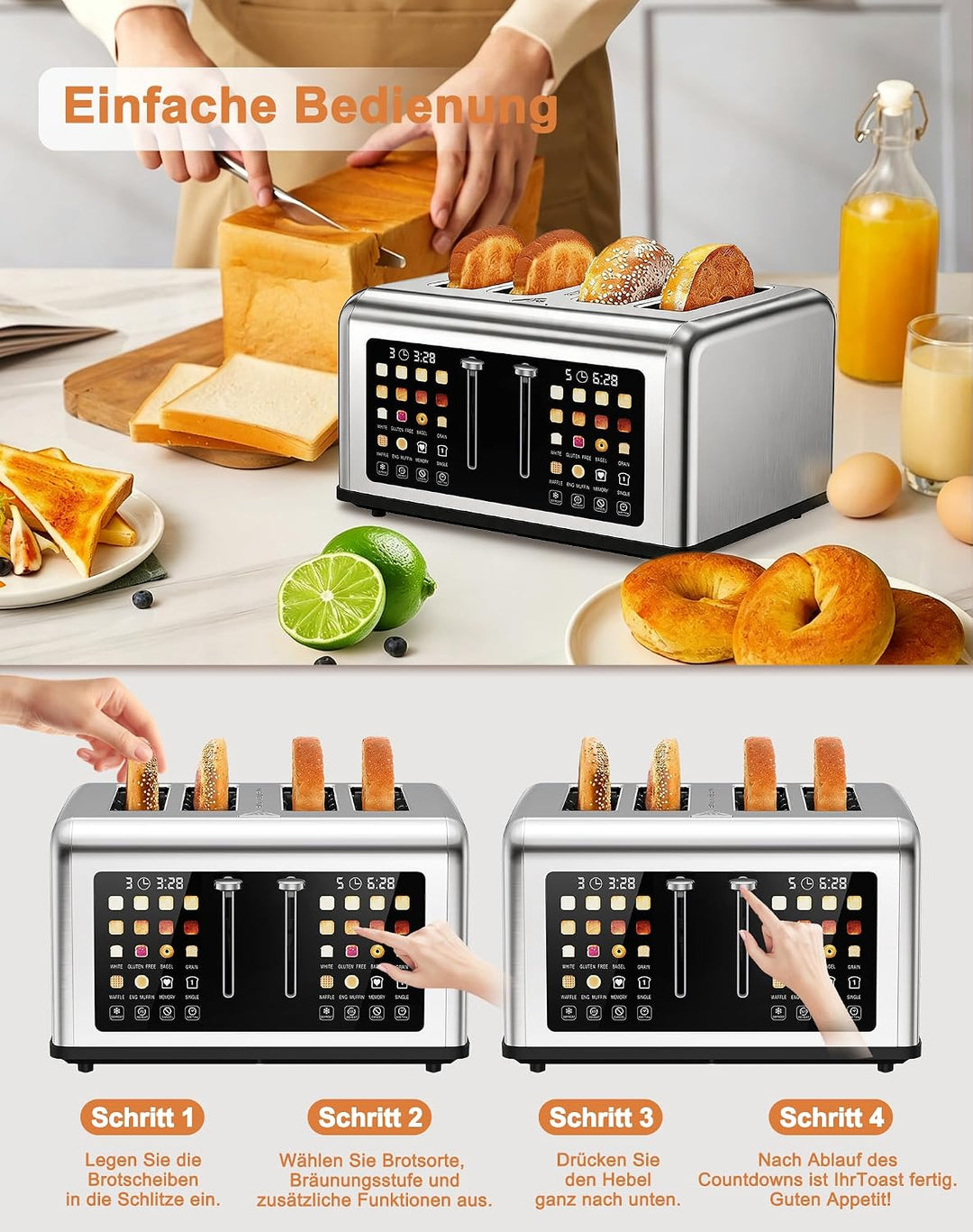 Toaster 4 Scheiben, Toaster Edelstahl mit Touchscreen, 8 Bräunungsstufen, Auftauen & Aufwärmen Funkt